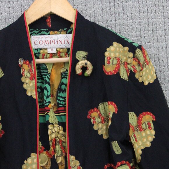 Vintage Componix Jacket Women Size 8 Black All Over Print Cropped Open Front 90s - Picture 2 of 9
